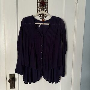 Free People Plum Button-Front Pleated Layered Blouse